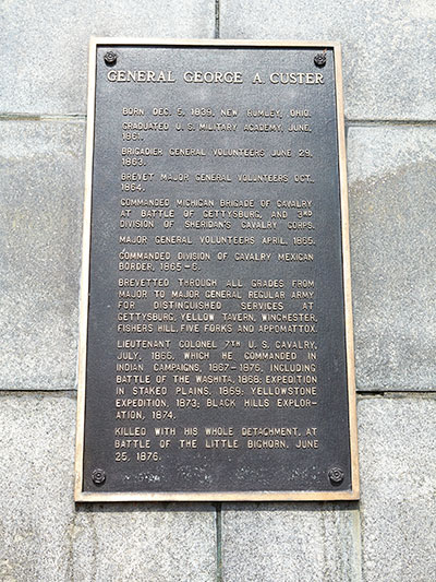 Sighting the Enemy Statue of George Custer biographical information in Monroe. Image ©2015 Look Around You Ventures, LLC.